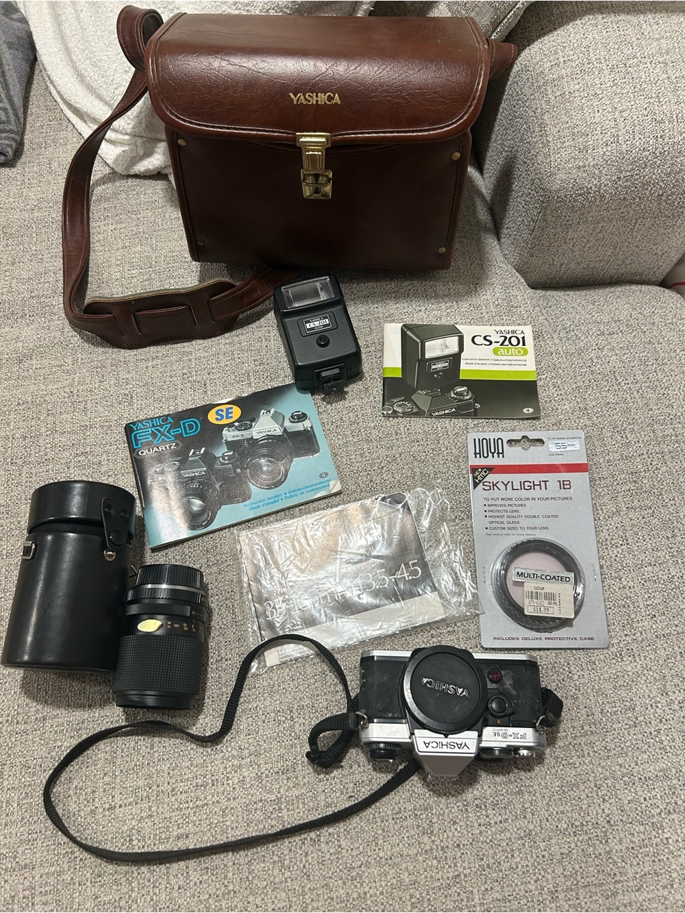 Yashica Brown Leather Camera Bag with Yashica Film Camera and Accessories as is